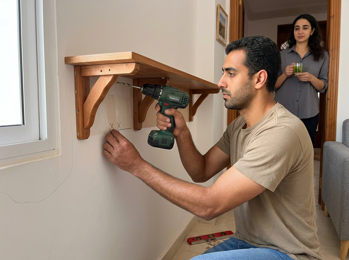A helper in Tangier kneeling on a tiled apartment floor, drilling a wooden shelf into a wall, spirit level on the floor beside him
