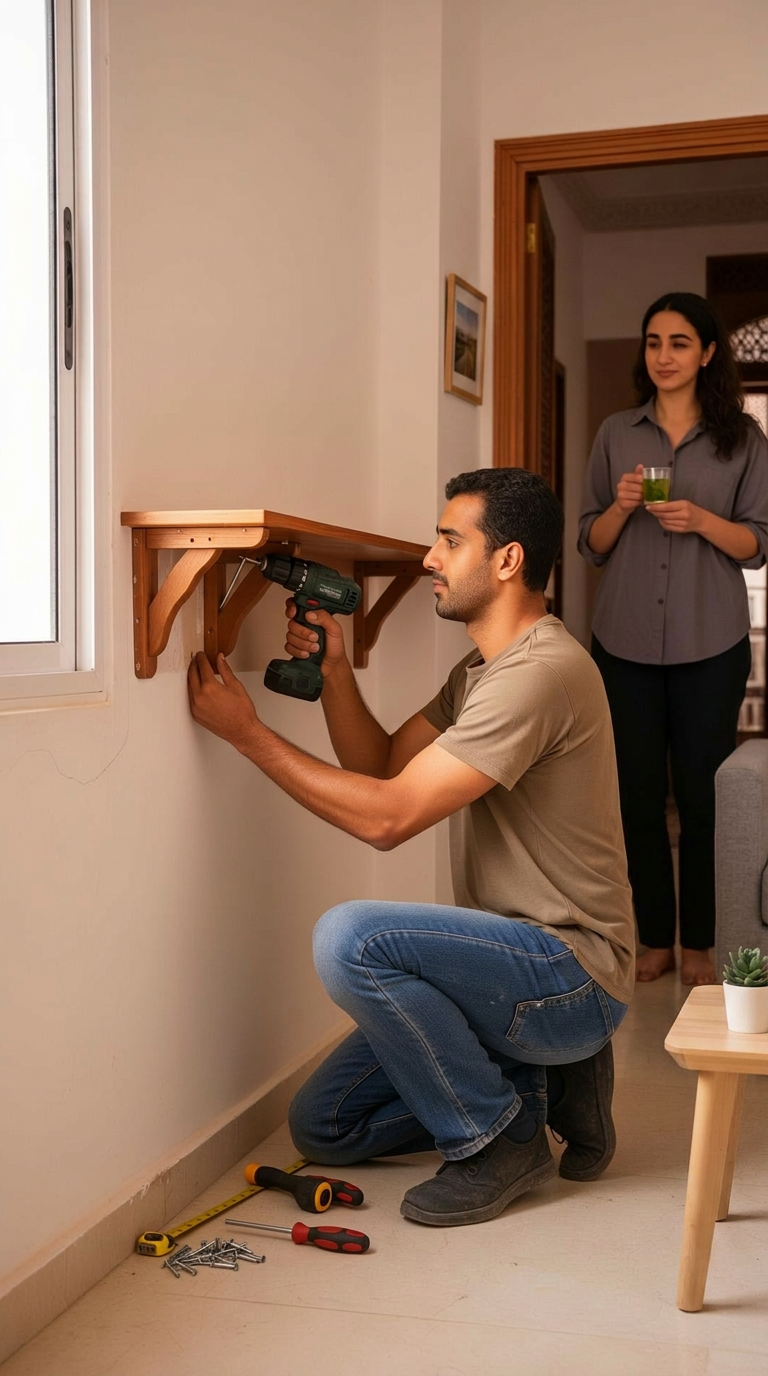 A helper in Tangier installing a wall shelf while the customer looks on